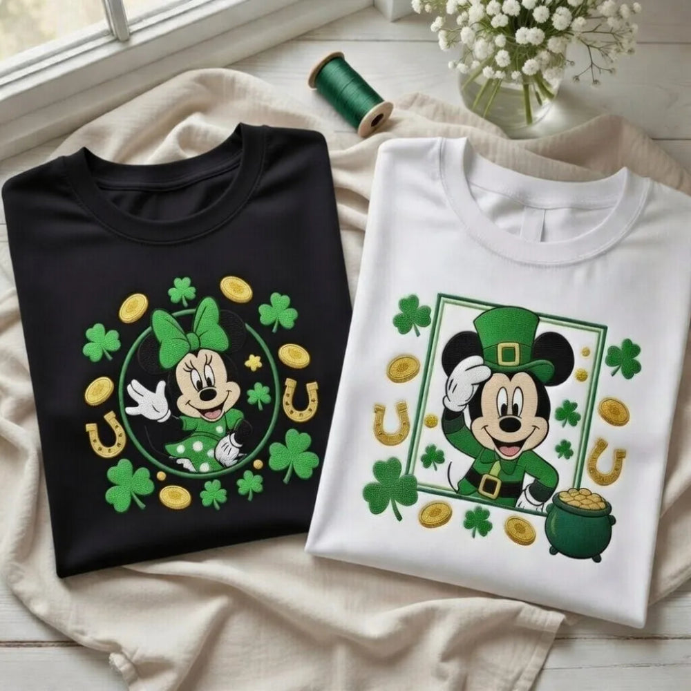 Black Sweatshirt Minnie Mouse Leprechaun Shamrock Gold Coins Embroidered Folded.
