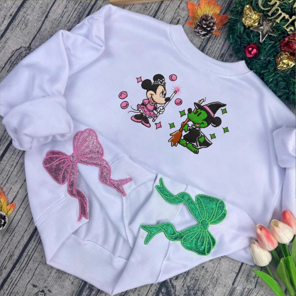White Minnie Witch Sweatshirt Folded, Pink And Green Glitter Bows