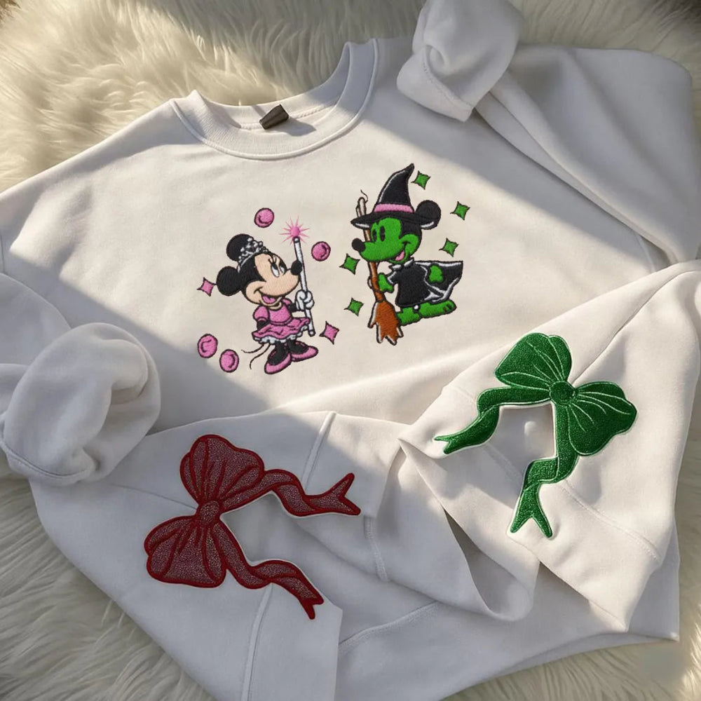 Minnie Witch Sweatshirt Folded, Pink And Green Glitter Bows