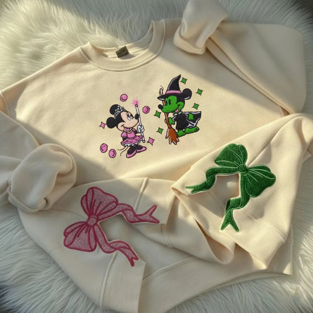 Sand Mickey Witch Embroidered Sweatshirt Folded, Pink Glitter Bow Sleeves