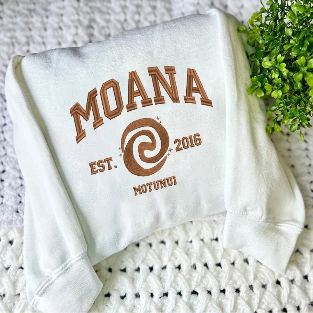 White Moana Embroidered Sweatshirt With Brown Text And Wave Symbol