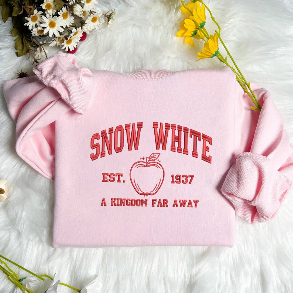 Pink Snow White Embroidered Sweatshirt With Text And Apple Design