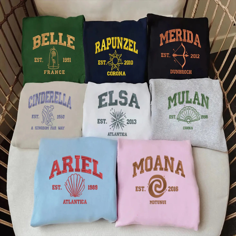Folded Vintage Disney Princess Sweatshirts Displayed With Embroidered Designs