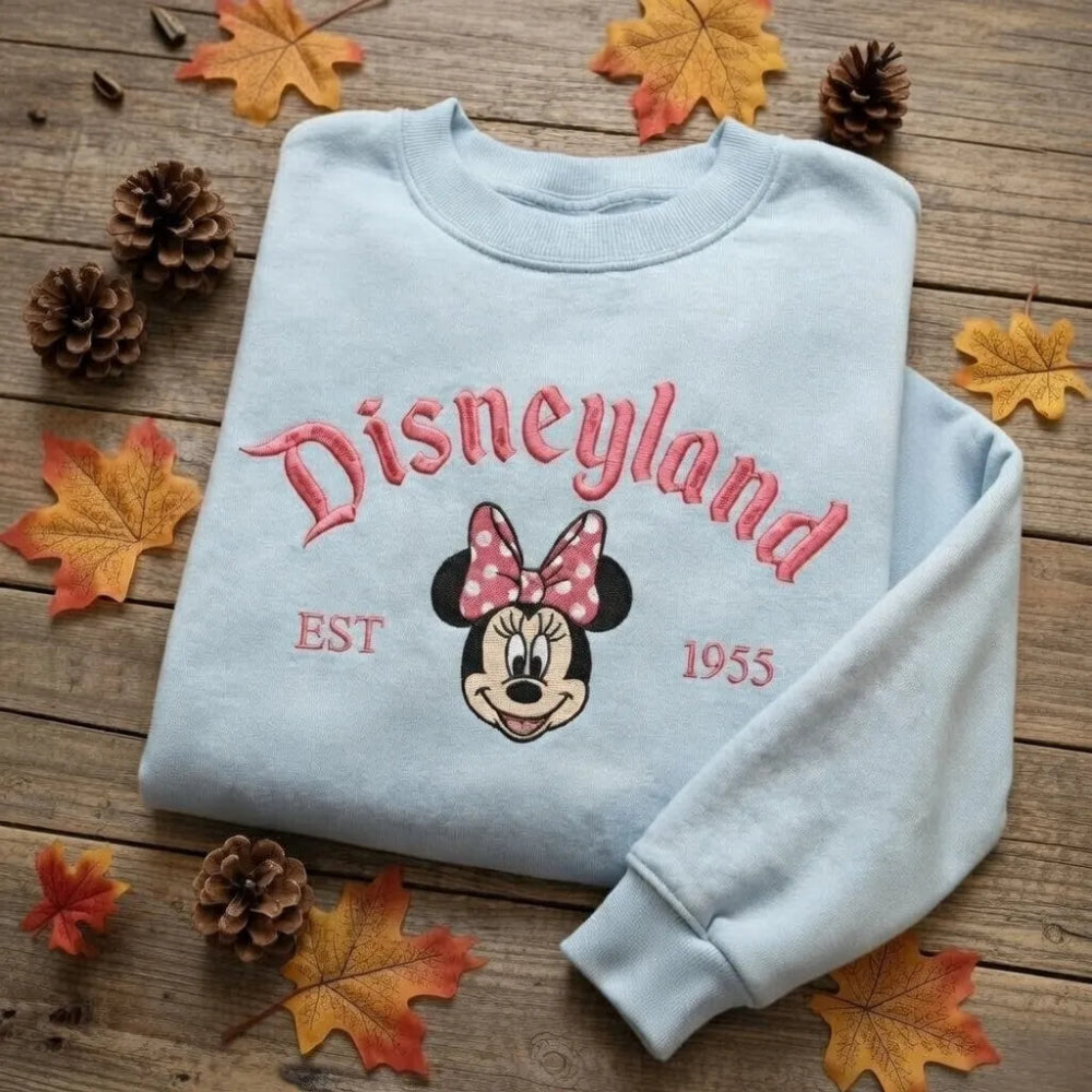 Sweatshirt Minnie Mouse Disneyland Est 1955 Pink Embroidery Folded.