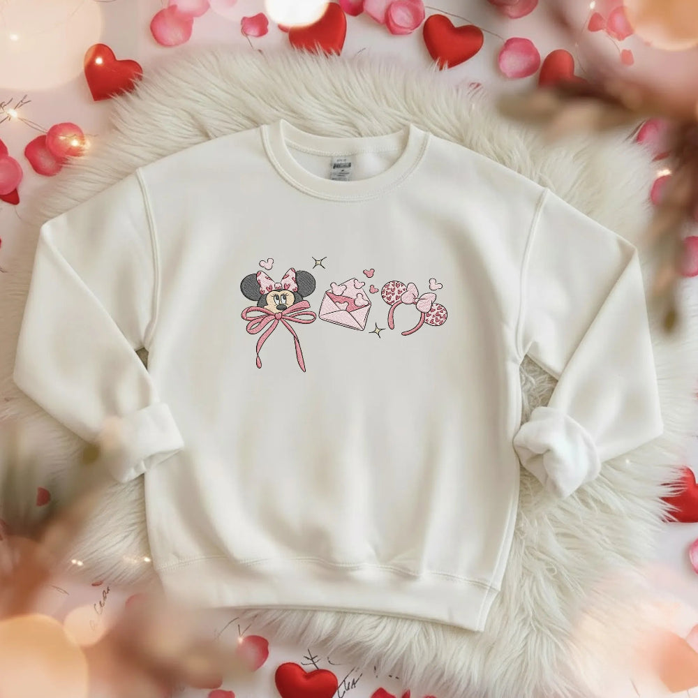 White Sweatshirt Minnie Love Letter Pink Bow Hearts Sparkle Embroidery