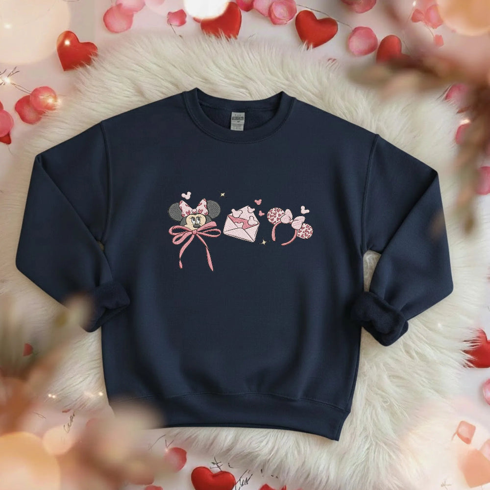 Navy Sweatshirt Minnie Mouse Pink Bow Love Letter Hearts Embroidered