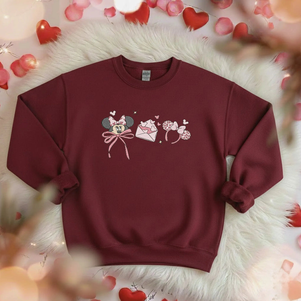Maroon Sweatshirt Minnie Mouse Hearts Envelope Bow Embroidered Love