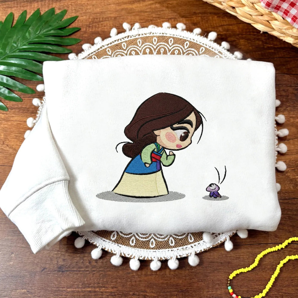 White Sweatshirt With Adorable Embroidered Chibi Mulan Bowing To Cri-Kee
