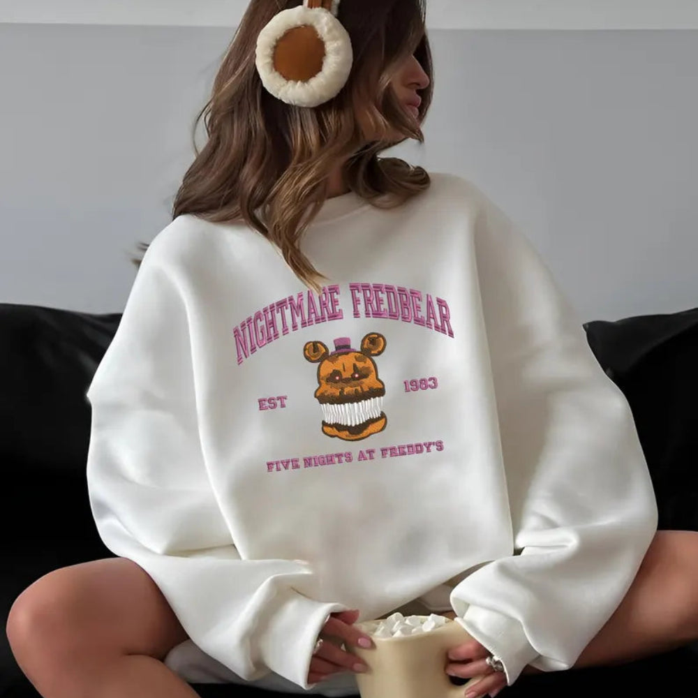 White Nightmare Fredbear Embroidered Sweatshirt On Model, Cozy Horror Look
