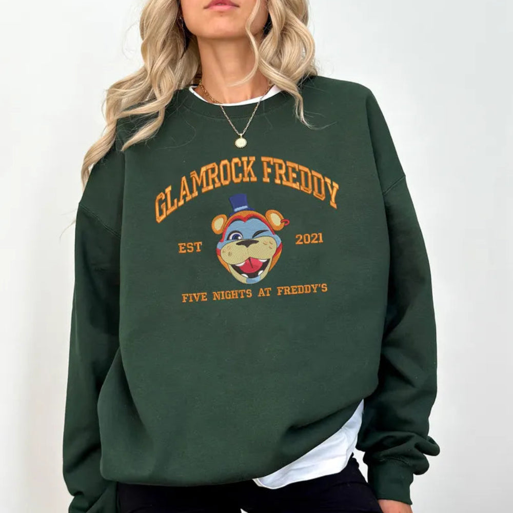 Glamrock Freddy Embroidered Sweatshirt On Model, Varsity Retro Style
