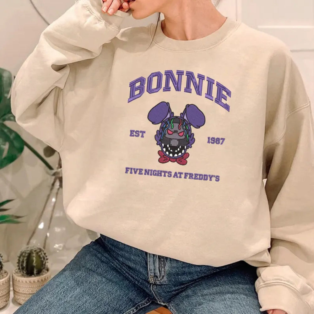 Sand Bonnie Embroidered Crewneck, Purple Bunny Mascot Varsity Embroidery
