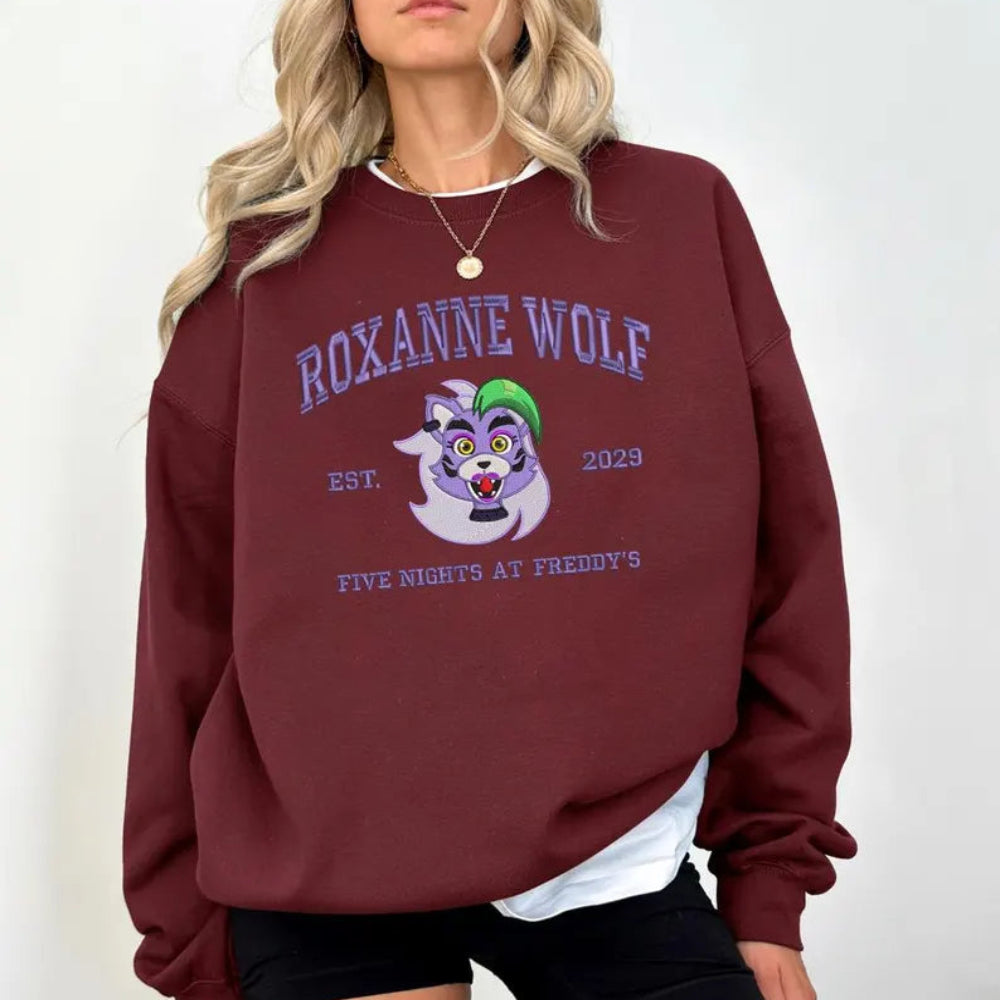 Maroon Roxanne Wolf Embroidered Sweatshirt On Model, Purple Wolf Graphic