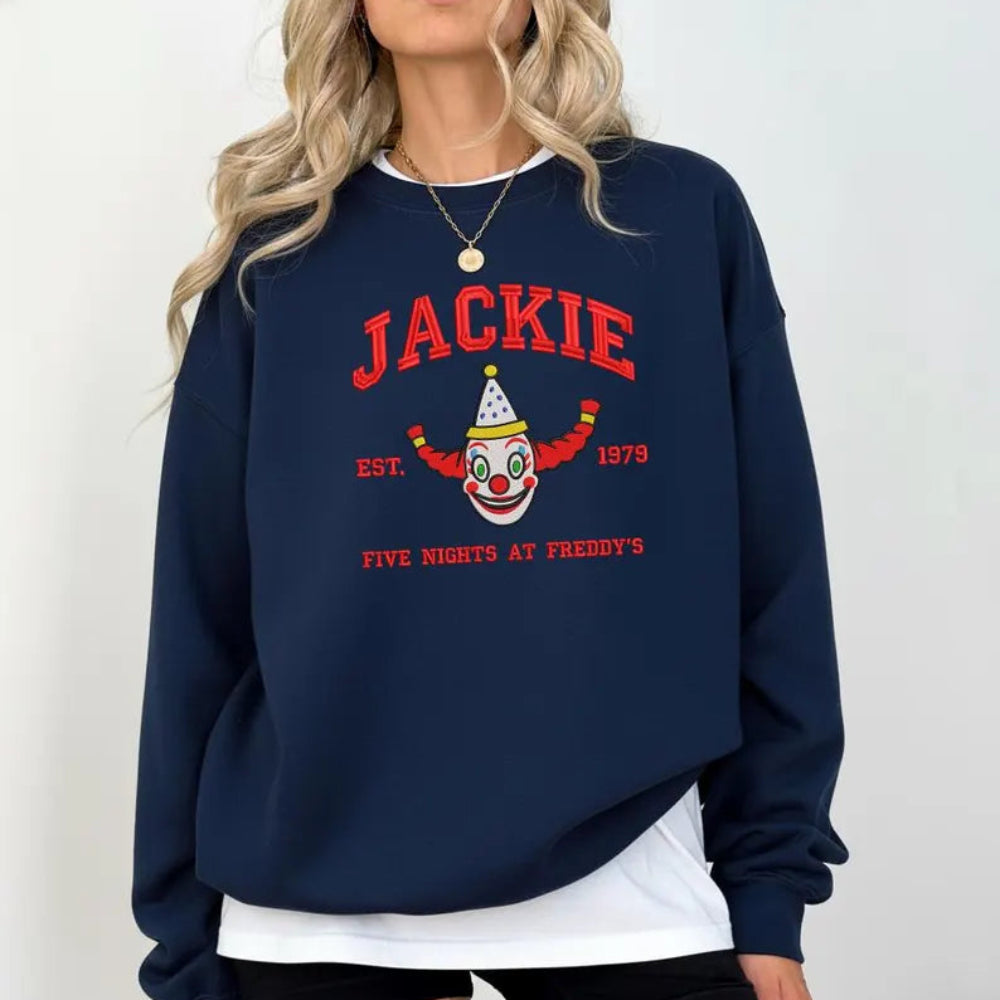 Navy Jackie Clown Embroidered Sweatshirt On Model, Classic Circus Vibes
