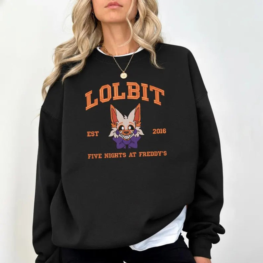 Black Lolbit Embroidered Crewneck Sweatshirt, Orange Fox Mascot Detail
