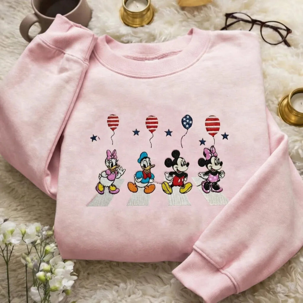 Pink Sweatshirt Disney Friends Patriotic Balloons Embroidered Design Folded.