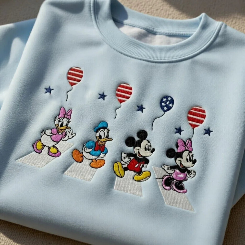 Light Blue Sweatshirt Mickey Minnie Donald Daisy Embroidered Balloons Folded.
