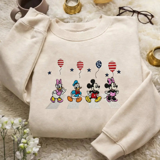 Cream Sweatshirt Mickey Minnie Donald Daisy Embroidered With Stars.