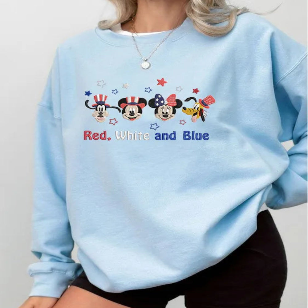 Light Blue Sweatshirt Disney Friends Patriotic Hats Embroidered On Model.
