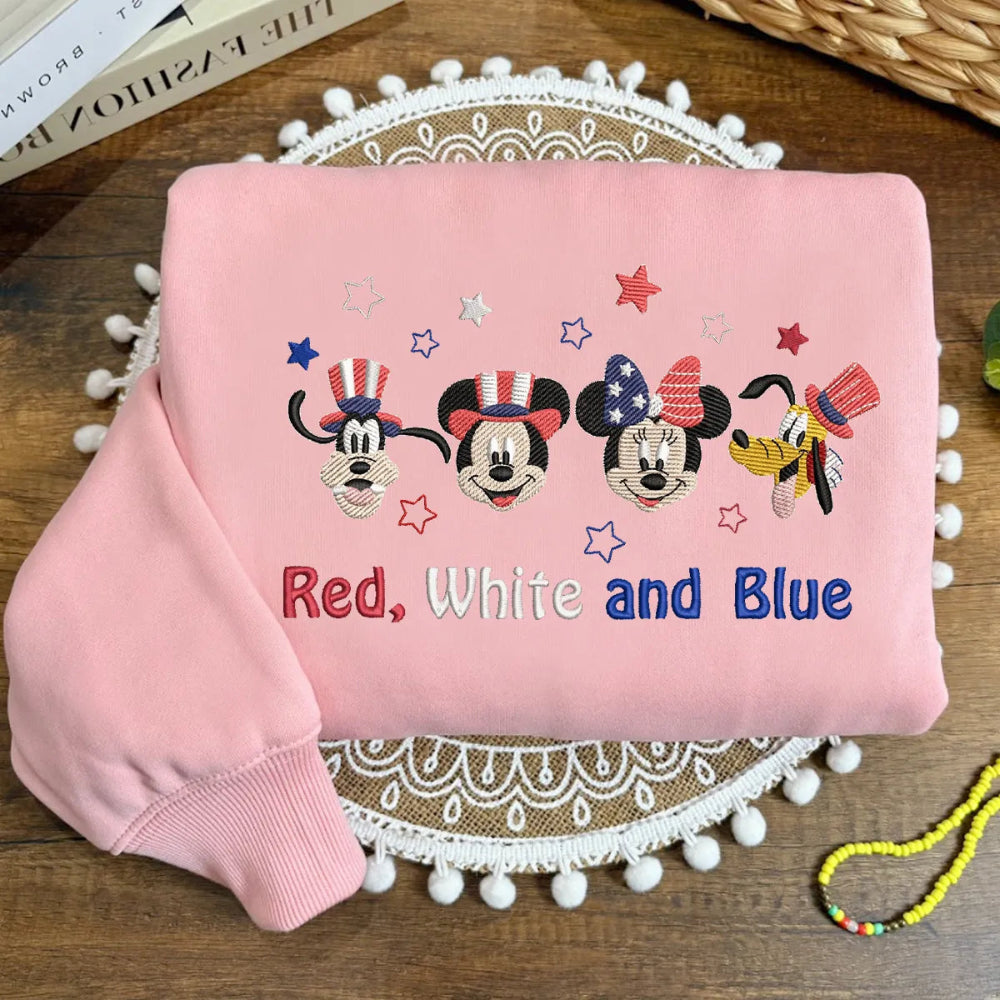 Pink Sweatshirt Mickey Minnie Goofy Pluto Patriotic Embroidered Folded.