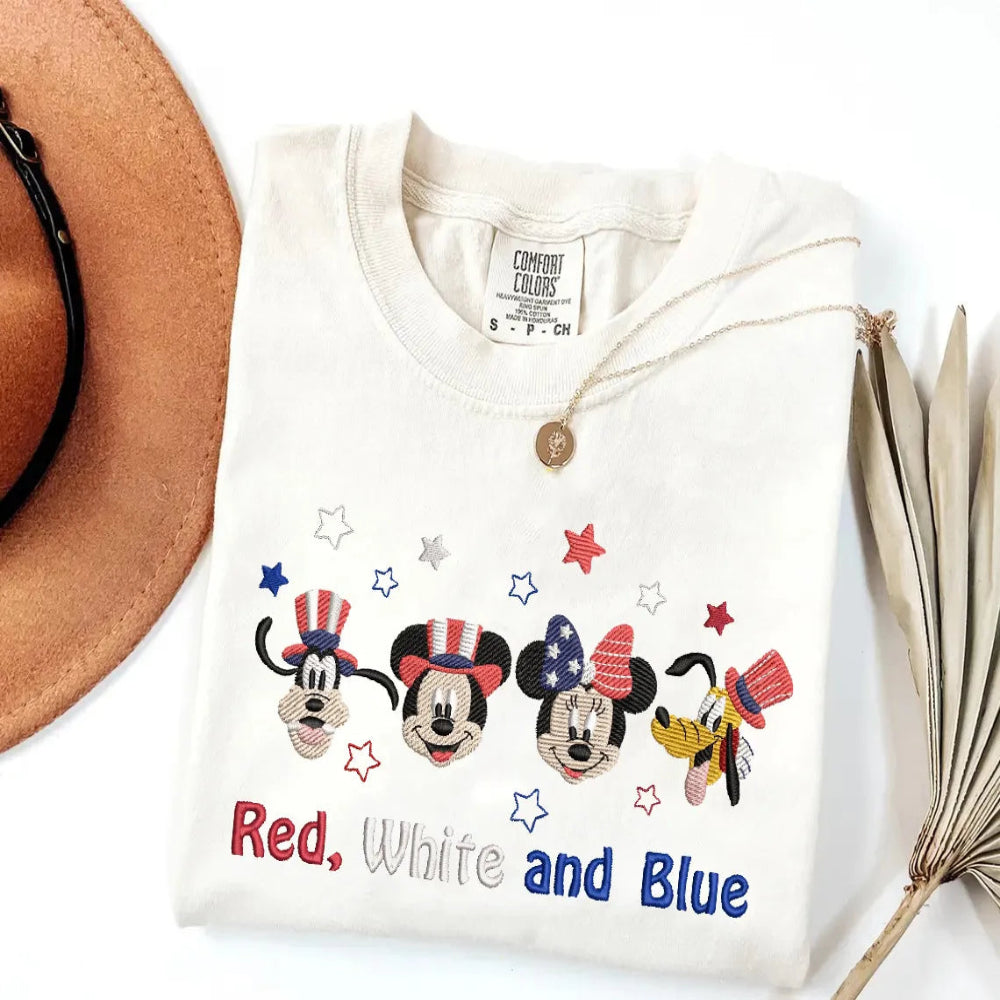 White Sweatshirt Mickey Minnie Pluto Goofy Patriotic Stars Embroidered.