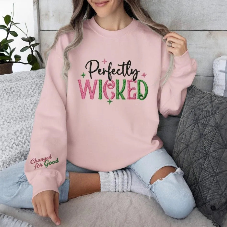 Pink "Perfectly Wicked" Embroidered Sweatshirt With Sleeve Detail