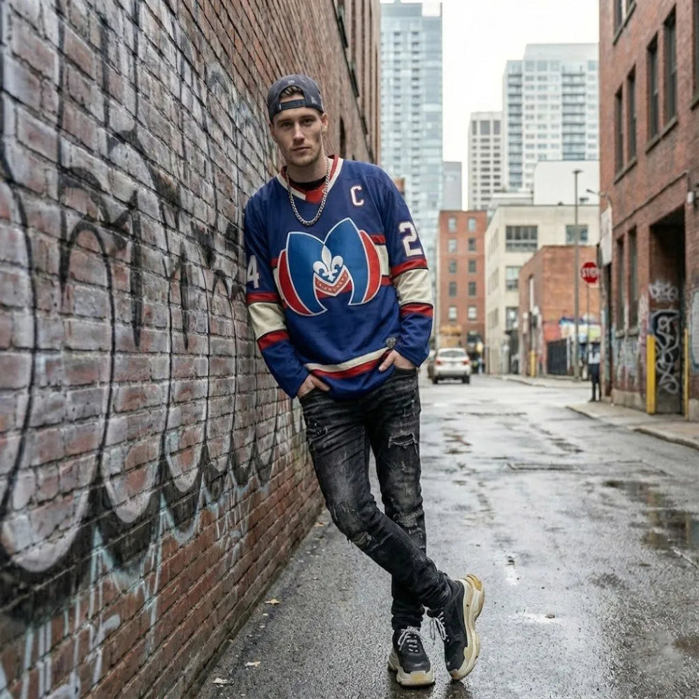 Cool Model Wearing Blue Hollander 24 Jersey Relaxed Comfort Fit