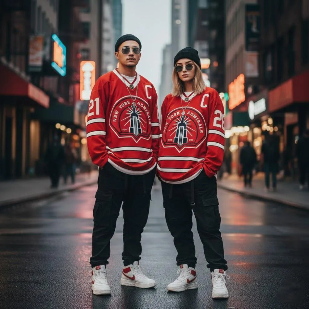 Couple In Red Hunter 21 Hockey Jersey Cozy Street Style Comfort