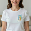 Woman Wearing White T-Shirt With Small Blue Bow Bunny Patch 