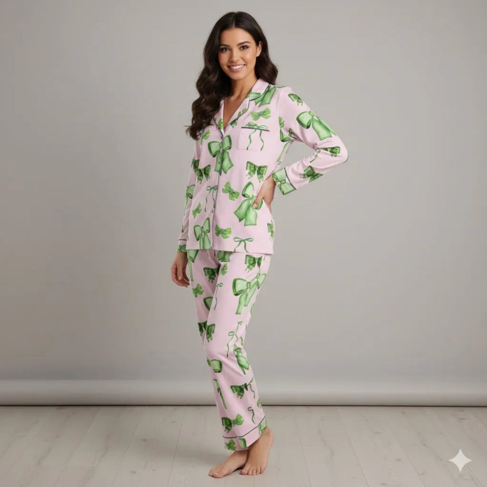 Pink Bow Print Pajamas Modeled Cozy 