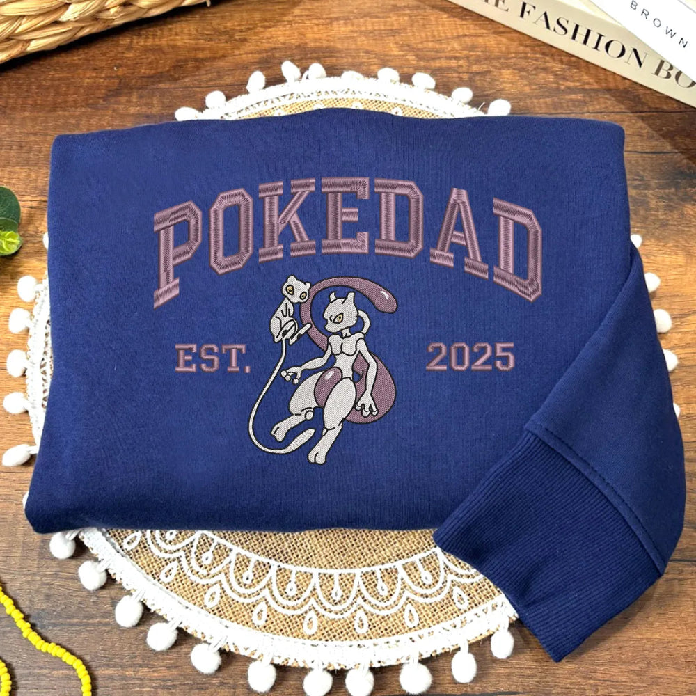 Sweatshirt Displaying Dark Pokedad Lettering And Playful Mewtwo Mew Scene