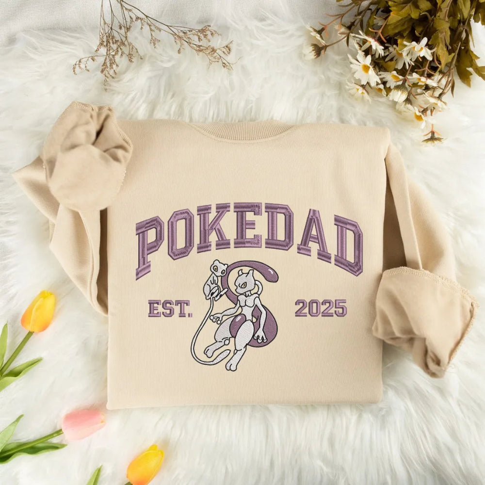 Sand Crewneck Sweatshirt Featuring Soft Pokedad Text, Mewtwo Mew Embroidery