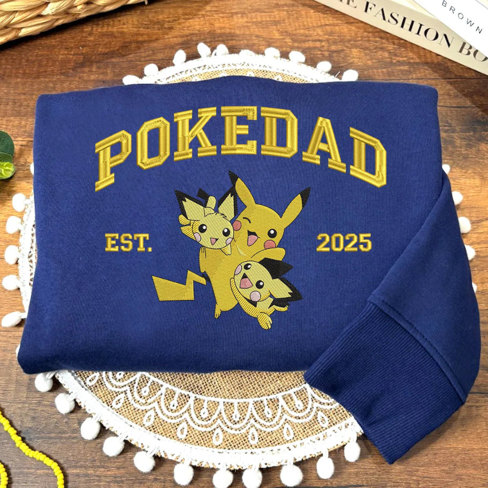 Crewneck Sweatshirt Featuring Bold Pokedad Text And Cute Pikachu Family