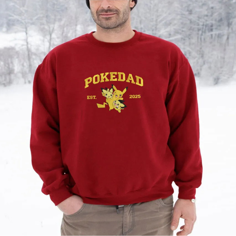 Maroon Oversized Sweatshirt With Yellow Pokedad Lettering, Pikachu Group Embroidery