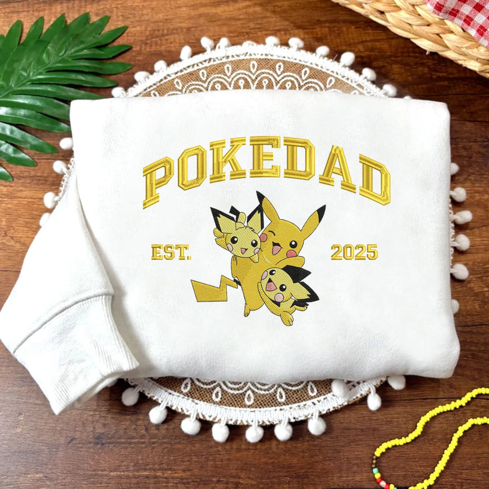 White Pullover Sweatshirt Showcasing Embroidered Pokedad And Adorable Pikachu Hug