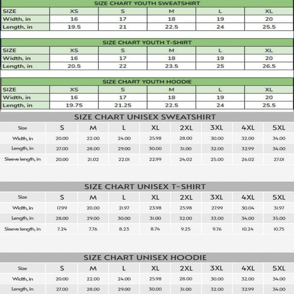 US size chart for youth and unisex apparel.