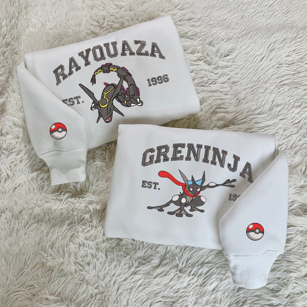 Rayquaza And Greninja Embroidered Pokemon Sweatshirts On White Fabric