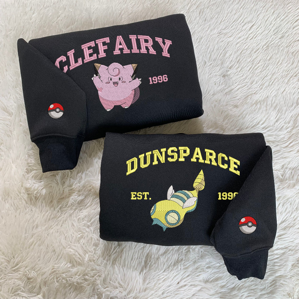 Clefairy And Dunsparce Embroidered Pokemon Sweatshirts On Black
