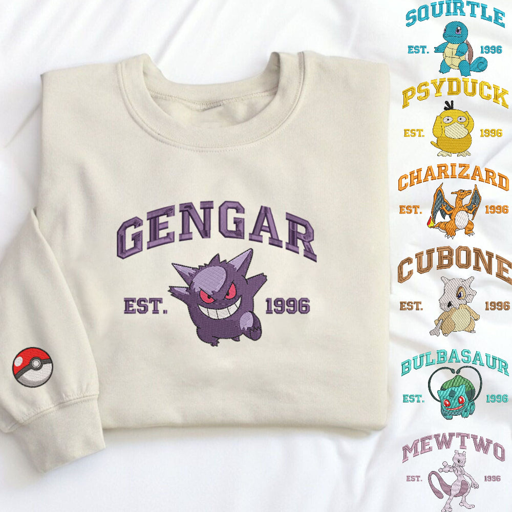 Embroidered Pokemon Sweatshirts Featuring Gengar, Squirtle, Psyduck, Charizard, Cubone Crew
