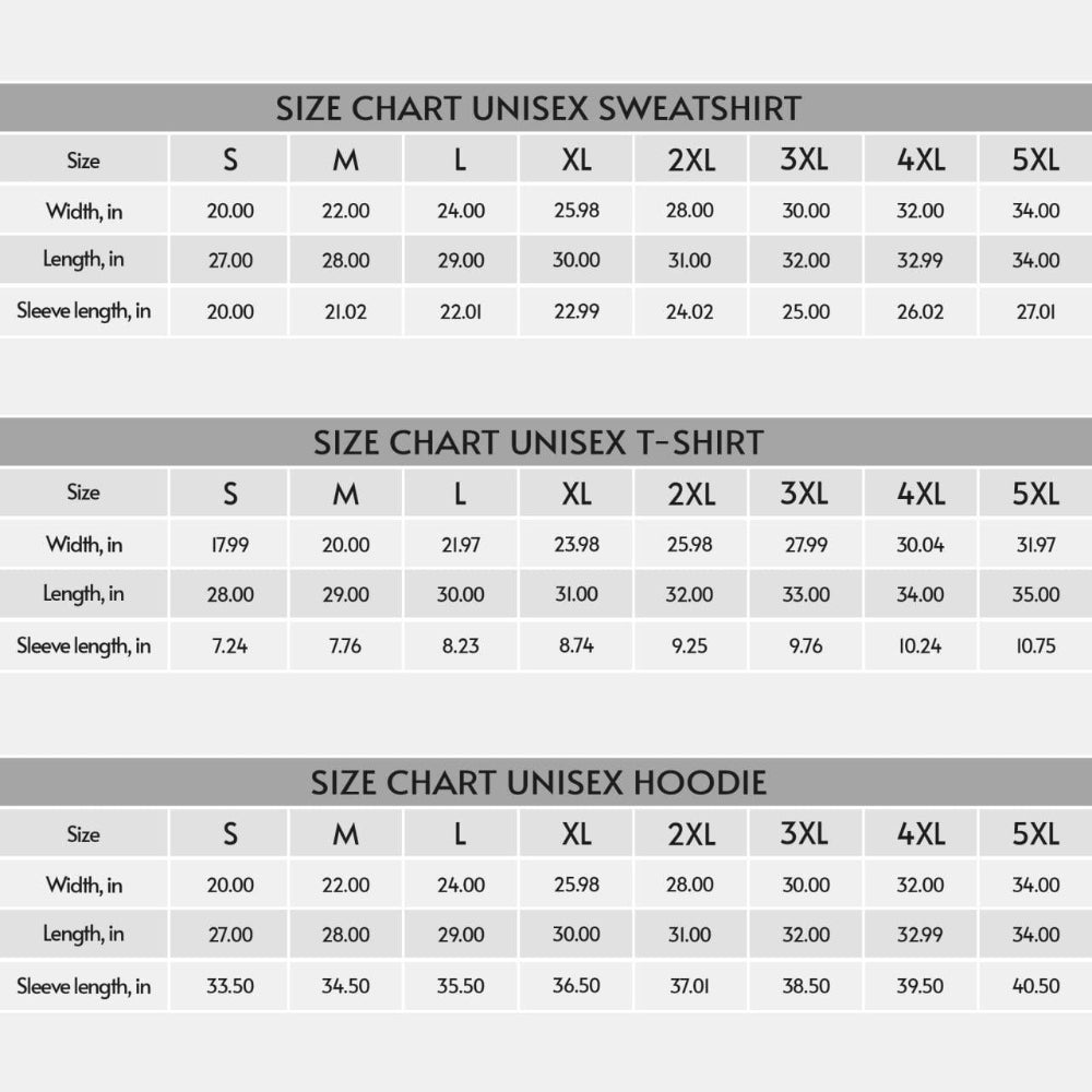 Unisex size chart for T-shirt, Sweatshirt, and Hoodie