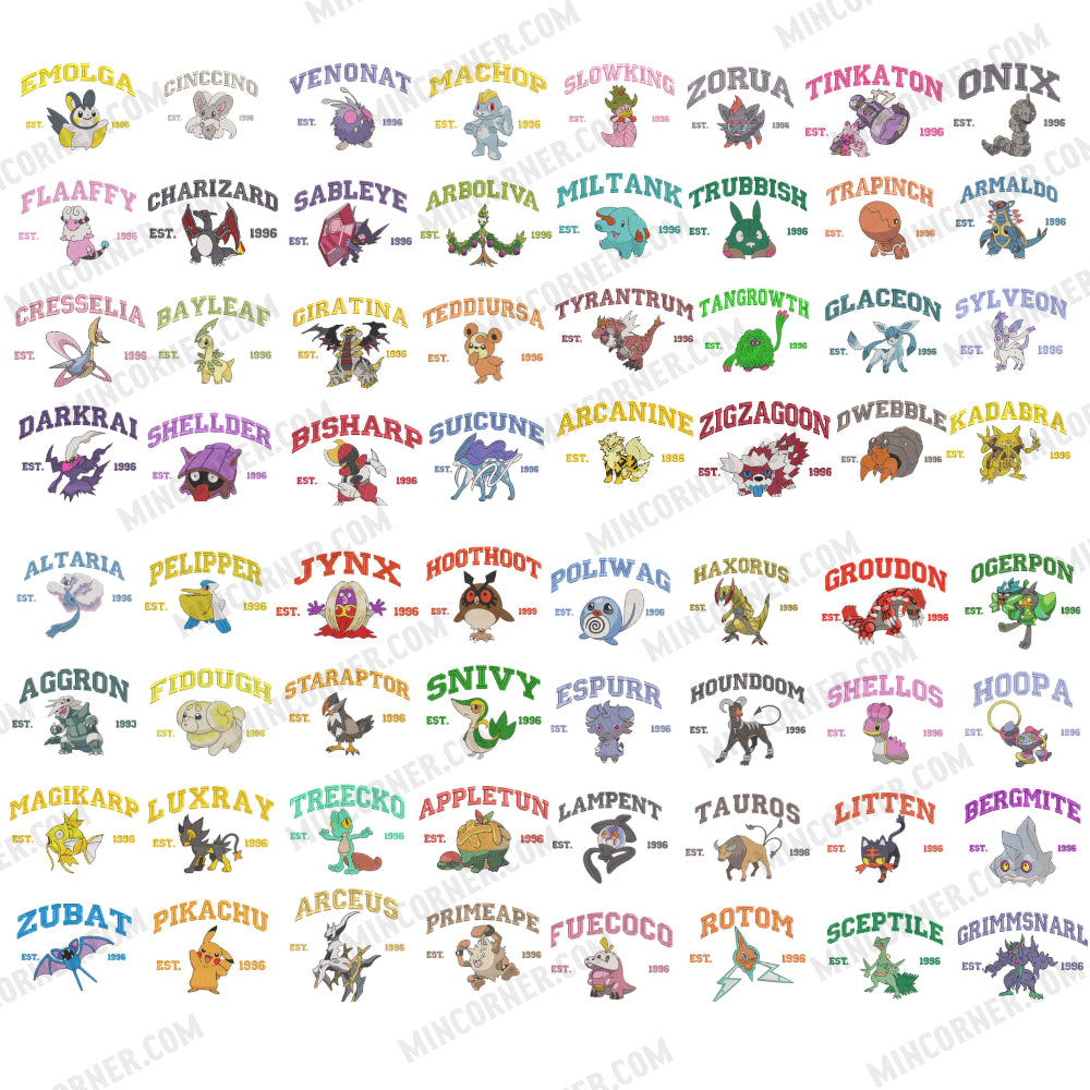 Assorted Pokemon Embroidery Patterns Displayed In Organized Rows