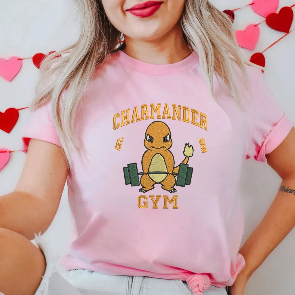 Gym Weightlifting Design On Pink Cotton Embroidered Sweatshirt.