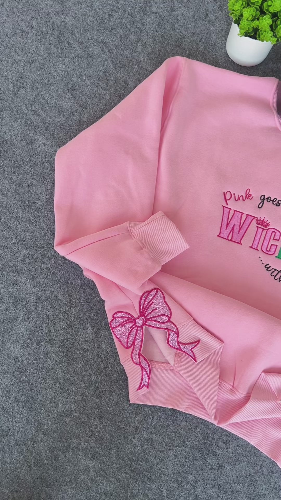 Video Wicked Pink Green Side Bow Embroidered 