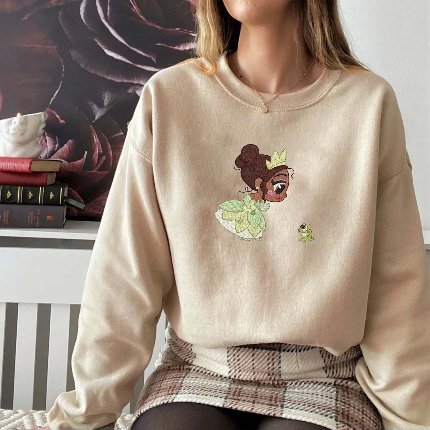 Sweatshirt Worn By Woman Displaying Chibi Princess And Frog