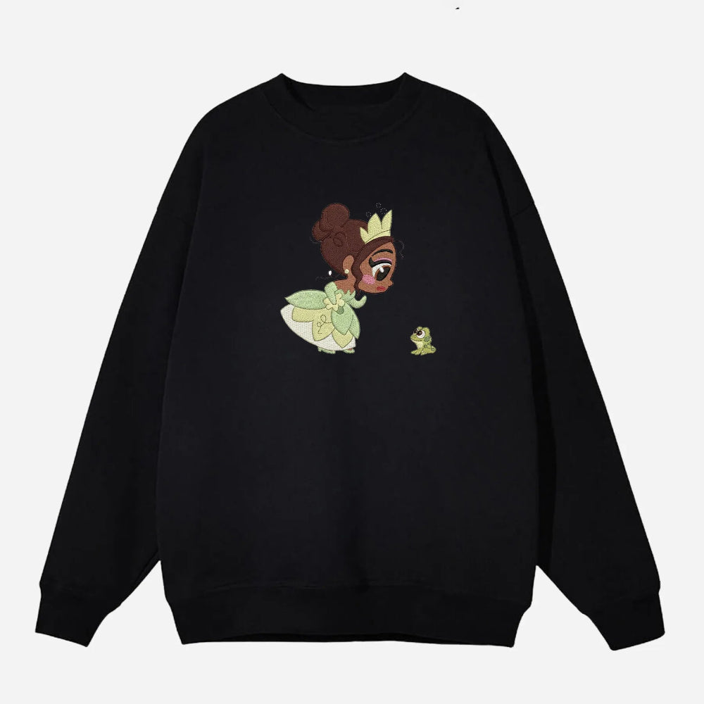 Black Oversized Sweatshirt Featuring Embroidered Chibi Tiana And Frog