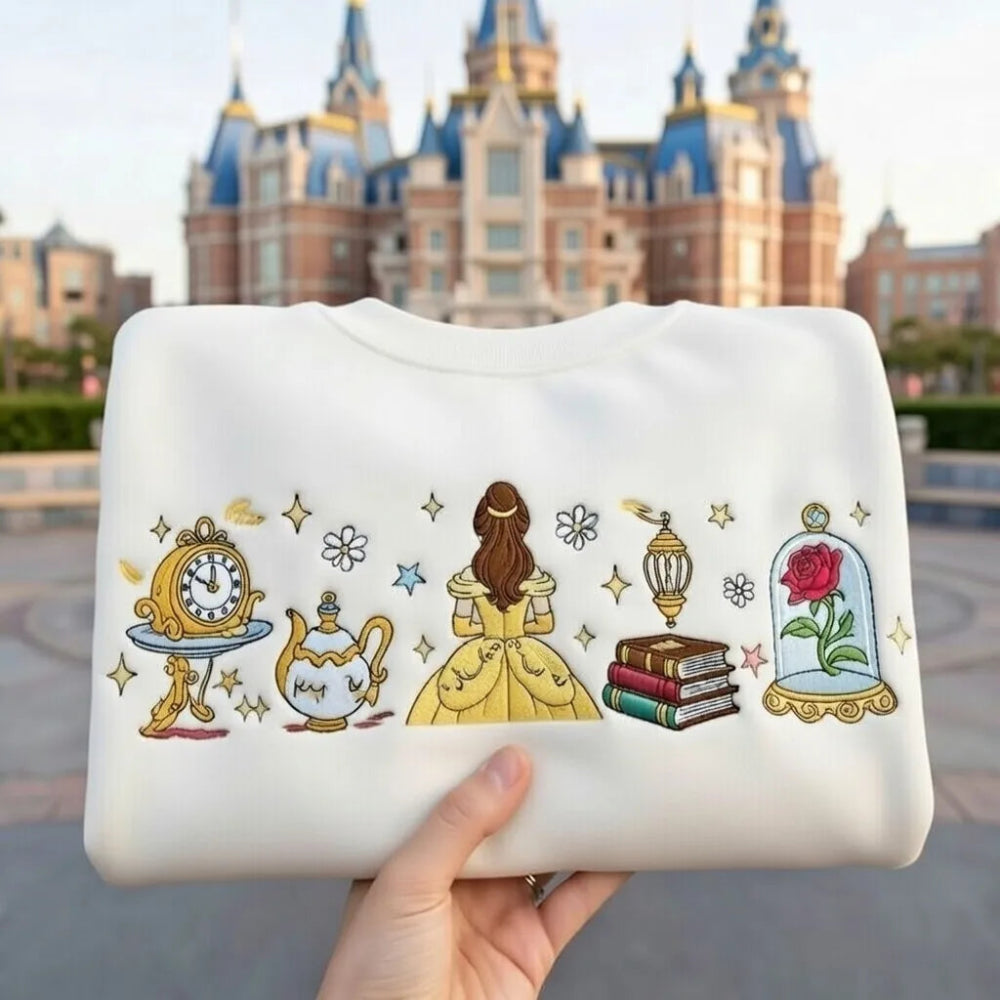 Sweatshirt Belle Back View Enchanted Objects Embroidered On Castle Background.
