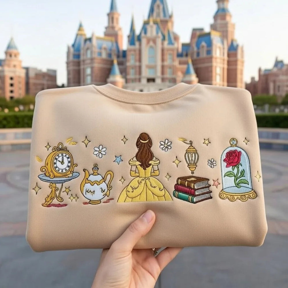 Sand Sweatshirt Belle Storybook Items Clock Rose Books Embroidered Folded 