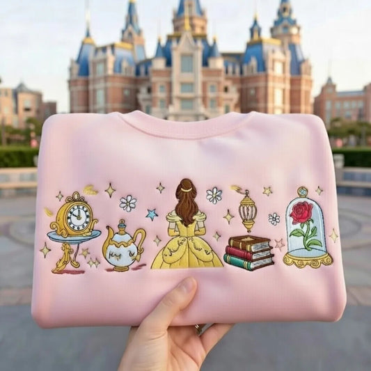 Pink Sweatshirt Princess Disneyland Castle Rose Clock Teapot Embroidered Folded.