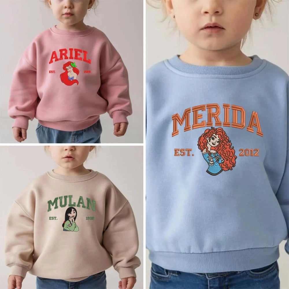 Collage Of Kids In Princess Embroidered Sweatshirts: Merida And Mulan