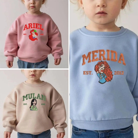 Collage Of Kids In Princess Embroidered Sweatshirts: Merida And Mulan