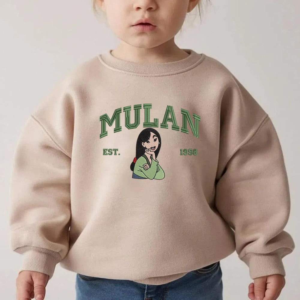 Toddler In Mulan Embroidered Sweatshirt With Green Text And Character